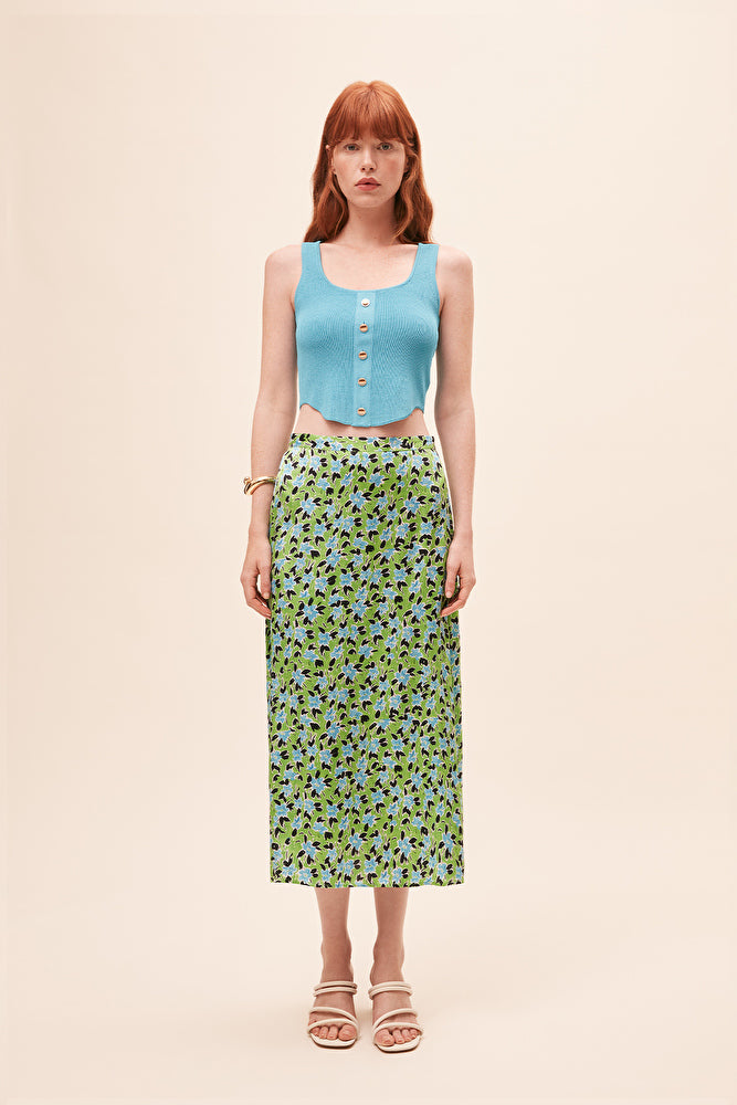 Suncoo Fabiola Midi Skirt Green Floral ditsy Print Satin