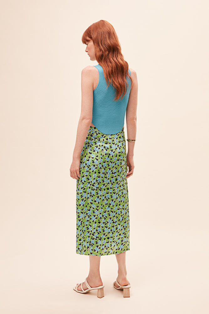 Suncoo Fabiola Midi Skirt Green Floral ditsy Print Satin