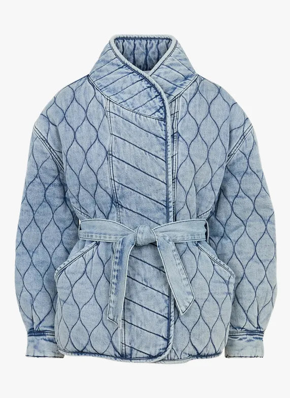 Suncoo Eric Quilted Denim Jacket Coat Light Blue