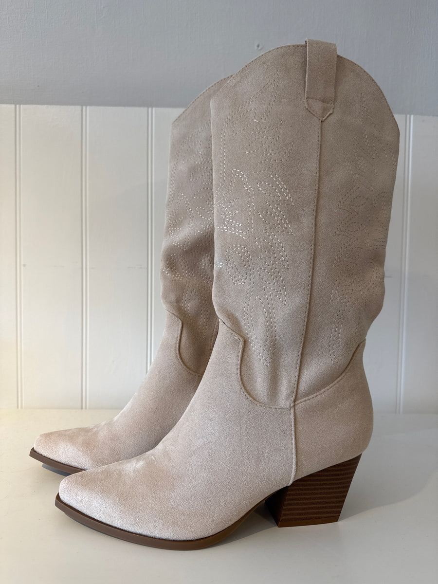 Ideal Suedette Cowboy Western Style Boots Cream