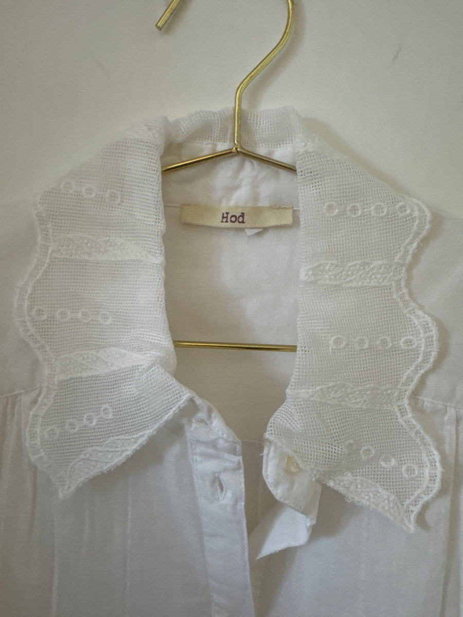 Hod Paris Linen Cotton Blend White Blouse Lace Collar