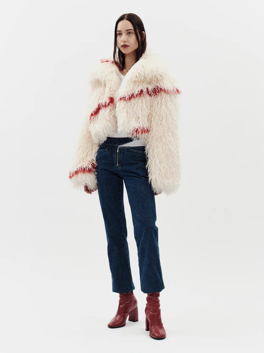 Jakke Spun Jacket Faux Mongolian Fur Off White Red Detail