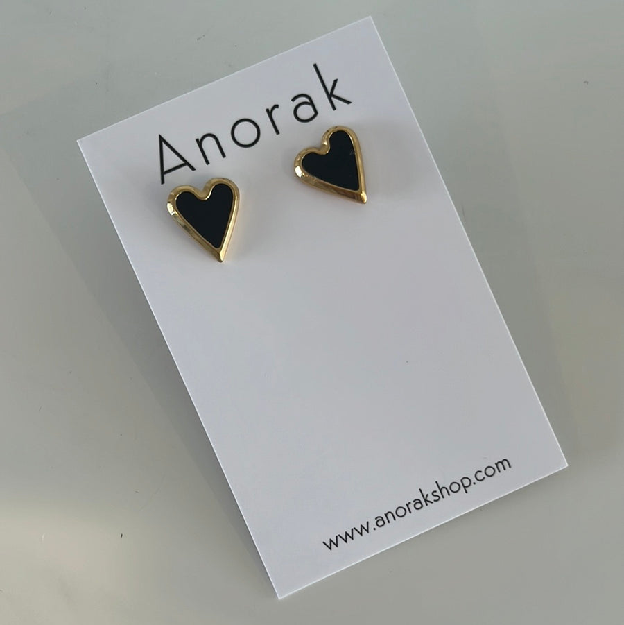 Anorak Gold Plated Heart Studs Black Enamel Inlay Sterling Silver