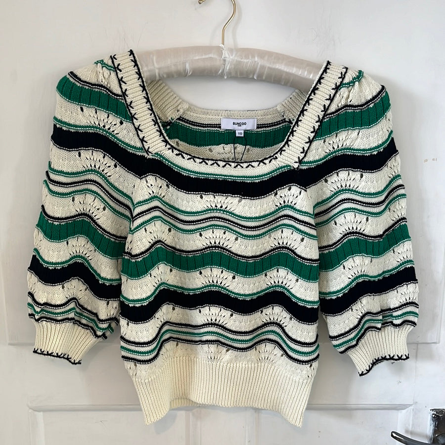 Suncoo Patrici Pointelle Knit Top Blouse Green Black