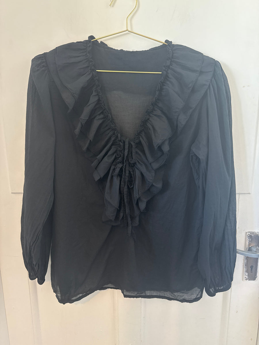 ETWW Ruffled Deep V Neck Blouse Black Cotton One Size