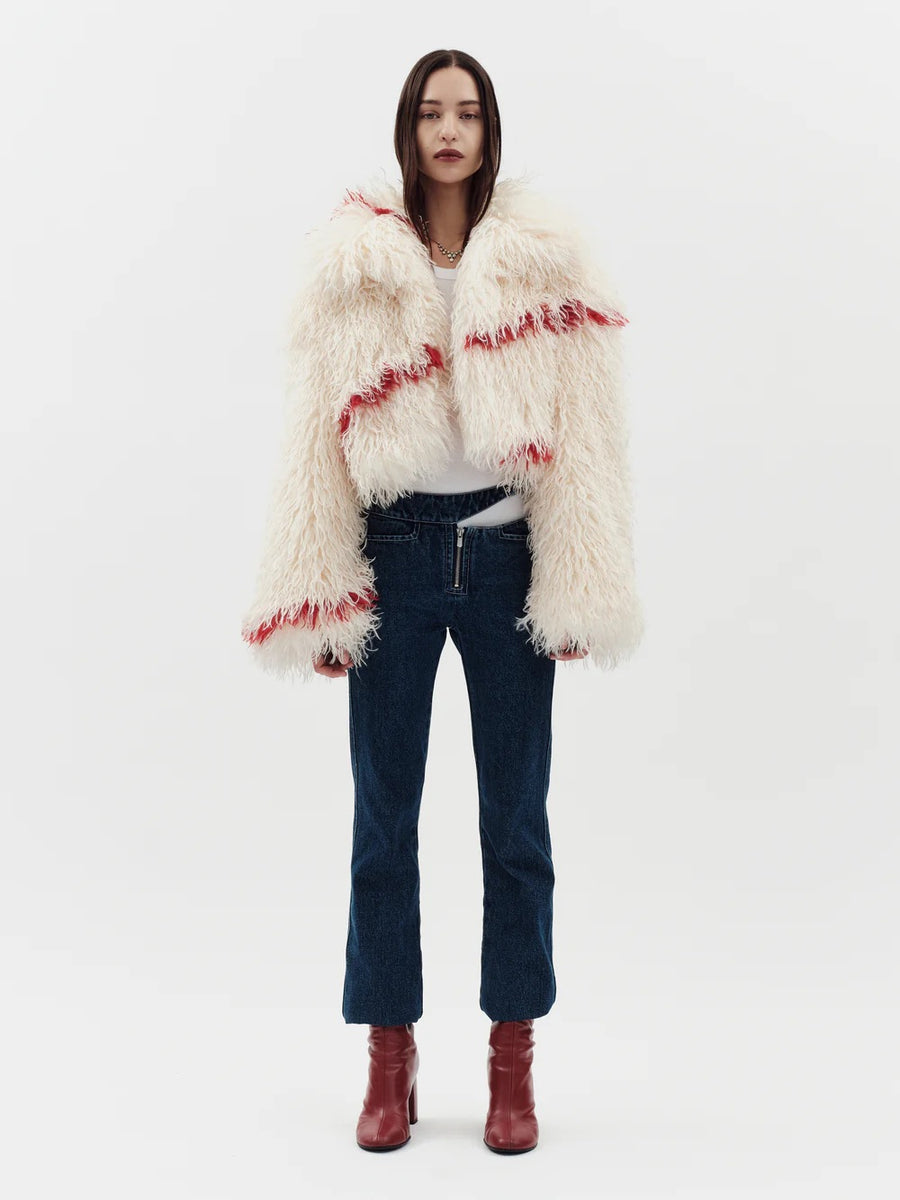 Jakke Spun Jacket Faux Mongolian Fur Off White Red Detail