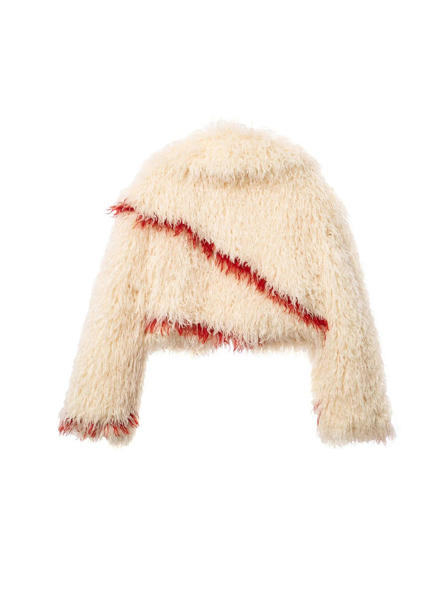 Jakke Spun Jacket Faux Mongolian Fur Off White Red Detail