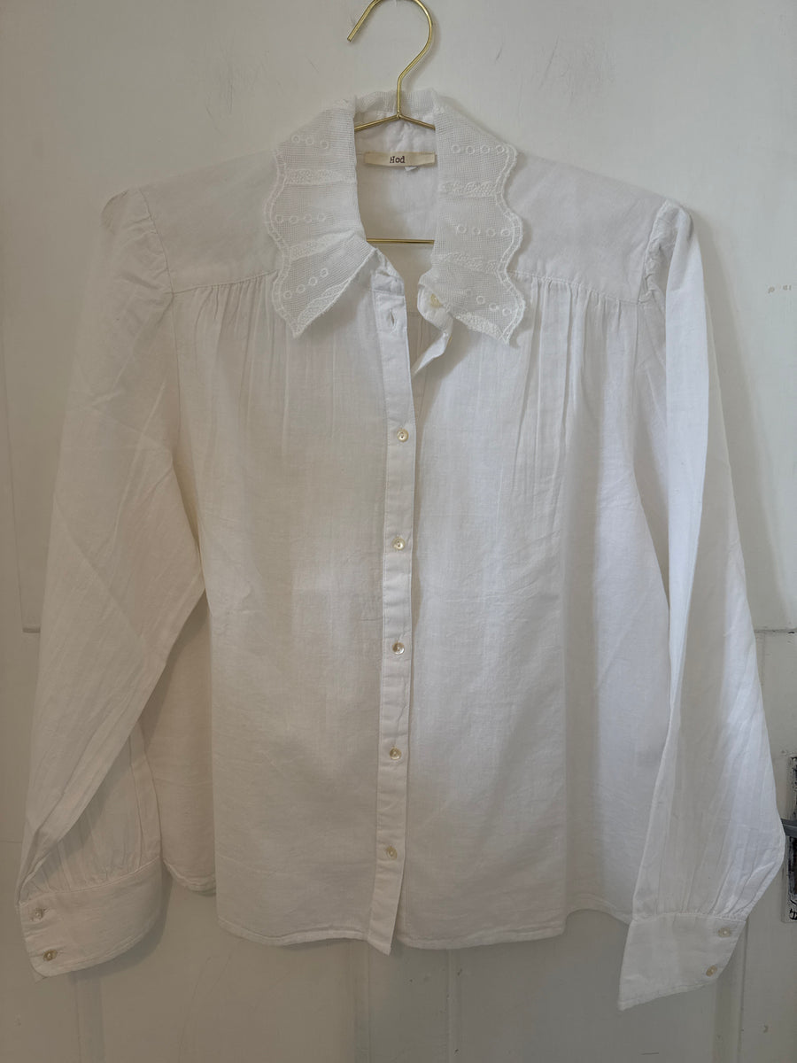 Hod Paris Linen Cotton Blend White Blouse Lace Collar