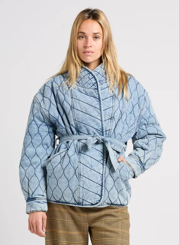 Suncoo Eric Quilted Denim Jacket Coat Light Blue