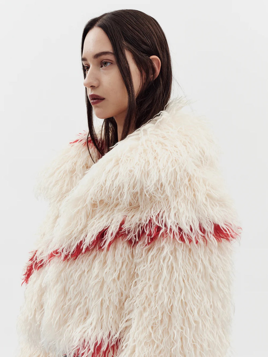 Jakke Spun Jacket Faux Mongolian Fur Off White Red Detail