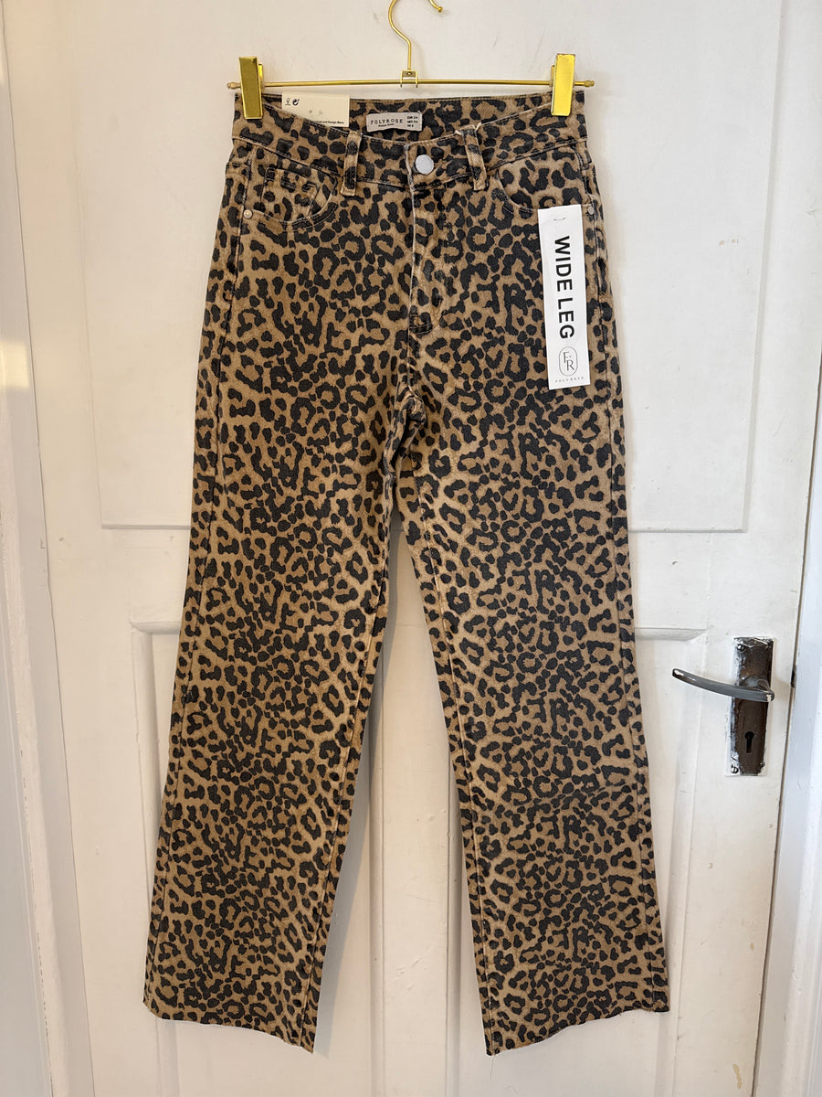 Foly Rose Leopard Print Denim Straight Cut Jeans Trousers