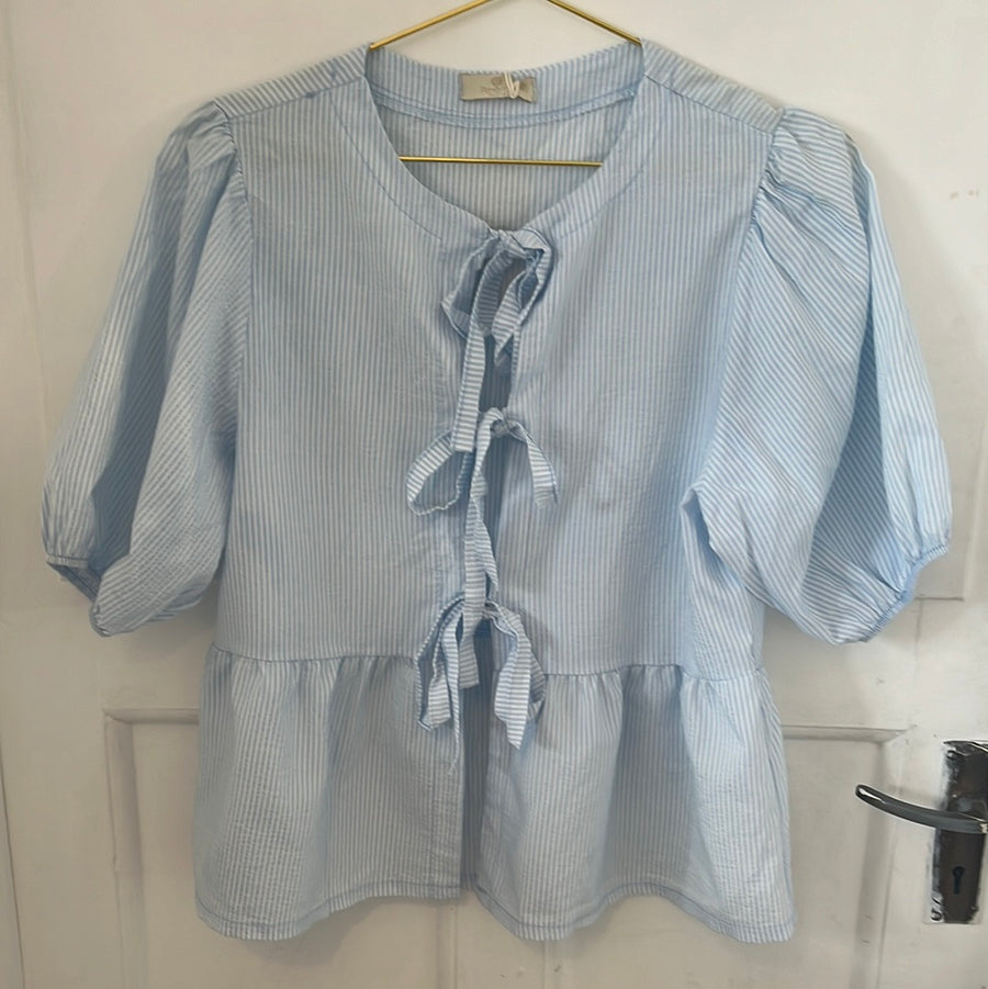 Pohême Bow Front Blouse Blue White Stripe One Size