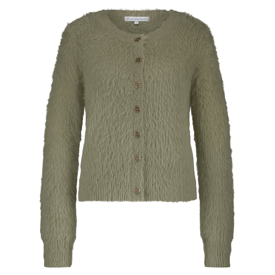 Red Button Fuzzy Cardigan Olive Green