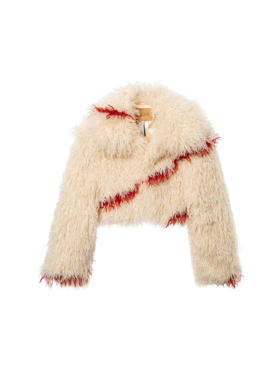 Jakke Spun Jacket Faux Mongolian Fur Off White Red Detail