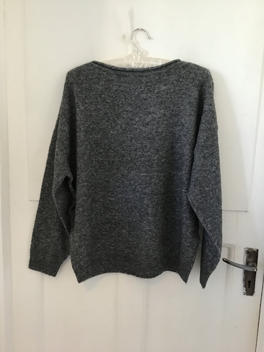 Red Button Sweater Boatneck Grey Melange