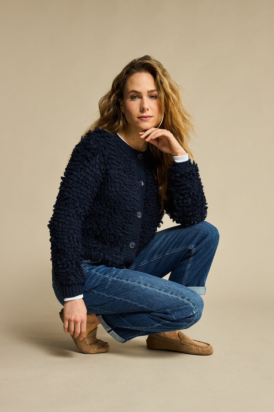 Red Button Jacket Loops Cardigan Navy