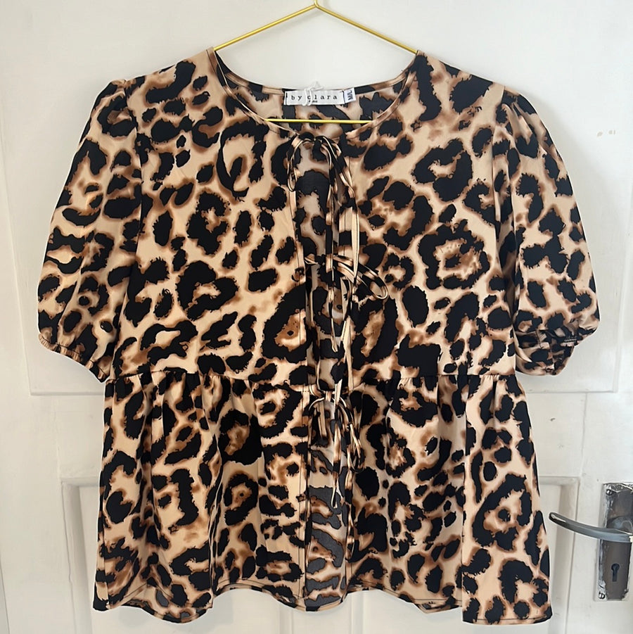 By Clara Bow Tie Front Blouse Leopard Print