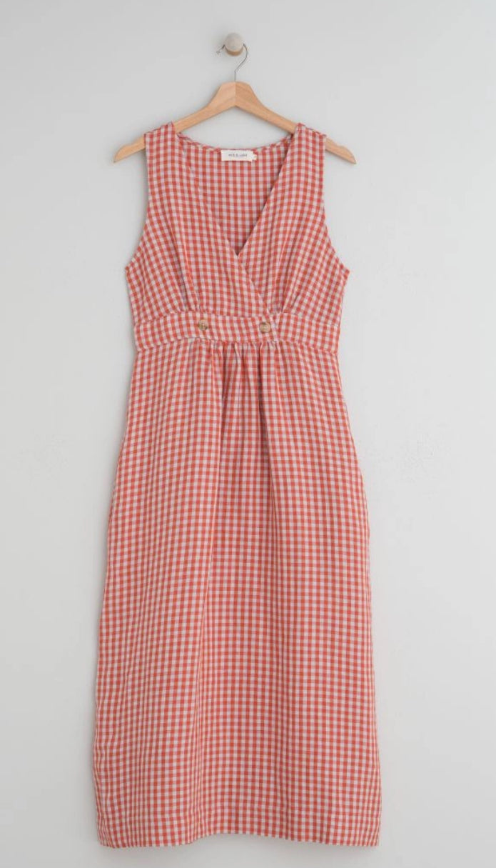 Indi & Cold Crossover MIDI Dress Gingham Red Grey Check Linen