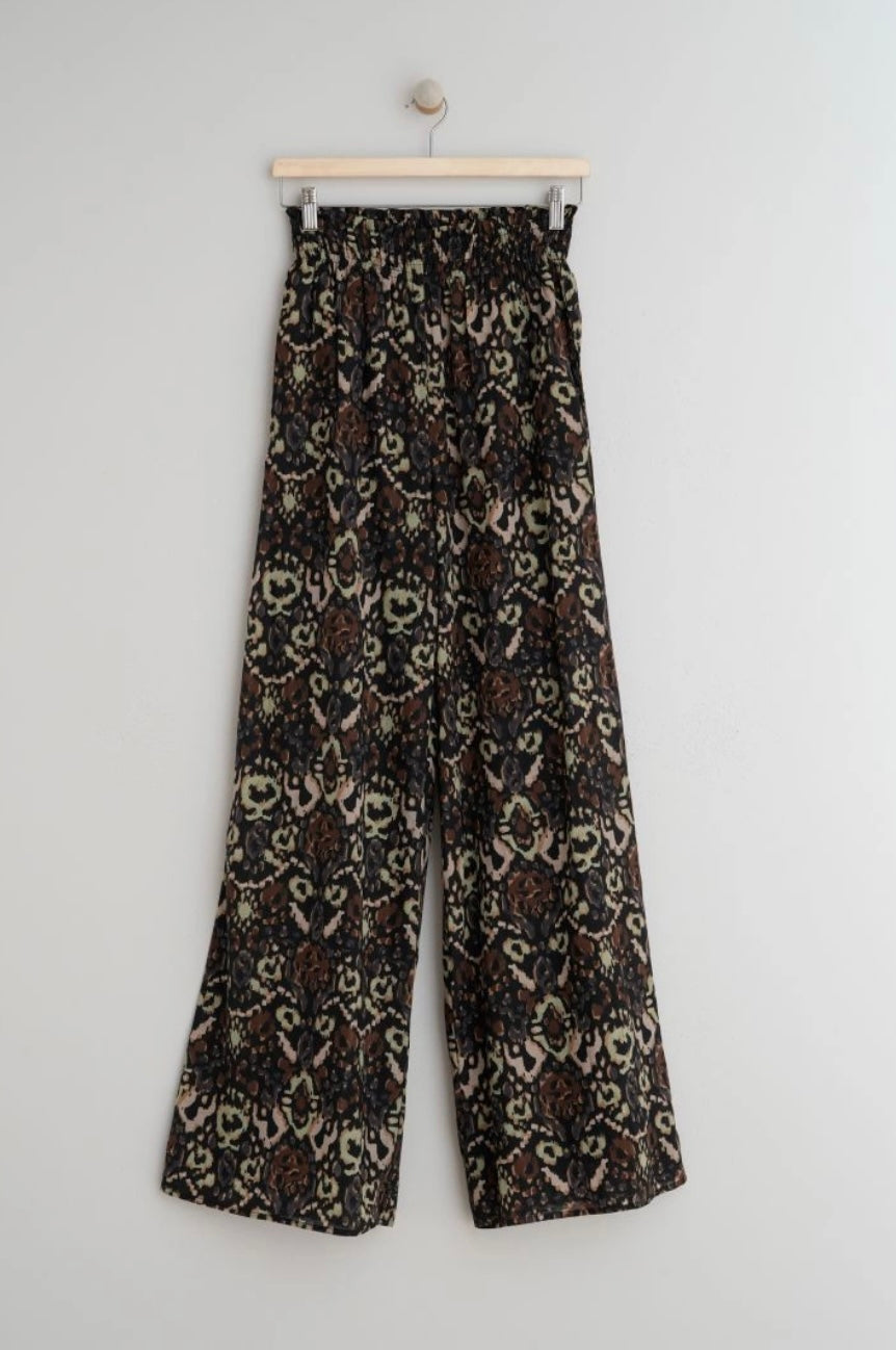 Indi & Cold Wide Leg Trousers Green Brown Graphic Print