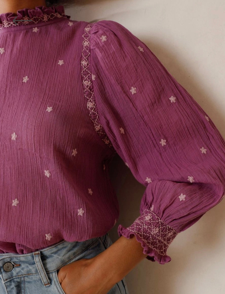 Indi & Cold Purple Blouse Pink Embroidered Stars Long Sleeve