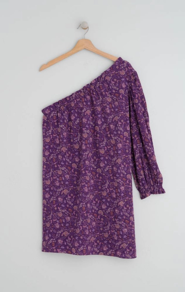 Indi & Cold Mini Dress One Sleeve Shoulder Purple Print