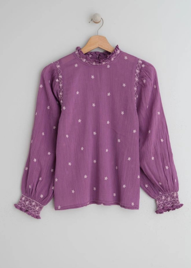 Indi & Cold Purple Blouse Pink Embroidered Stars Long Sleeve