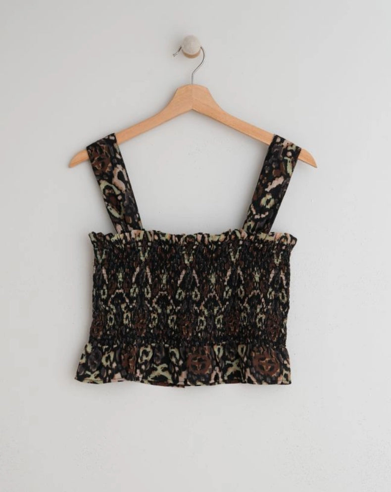 Indi & Cold Bandeau Top Blouse Ruched Green Black Print