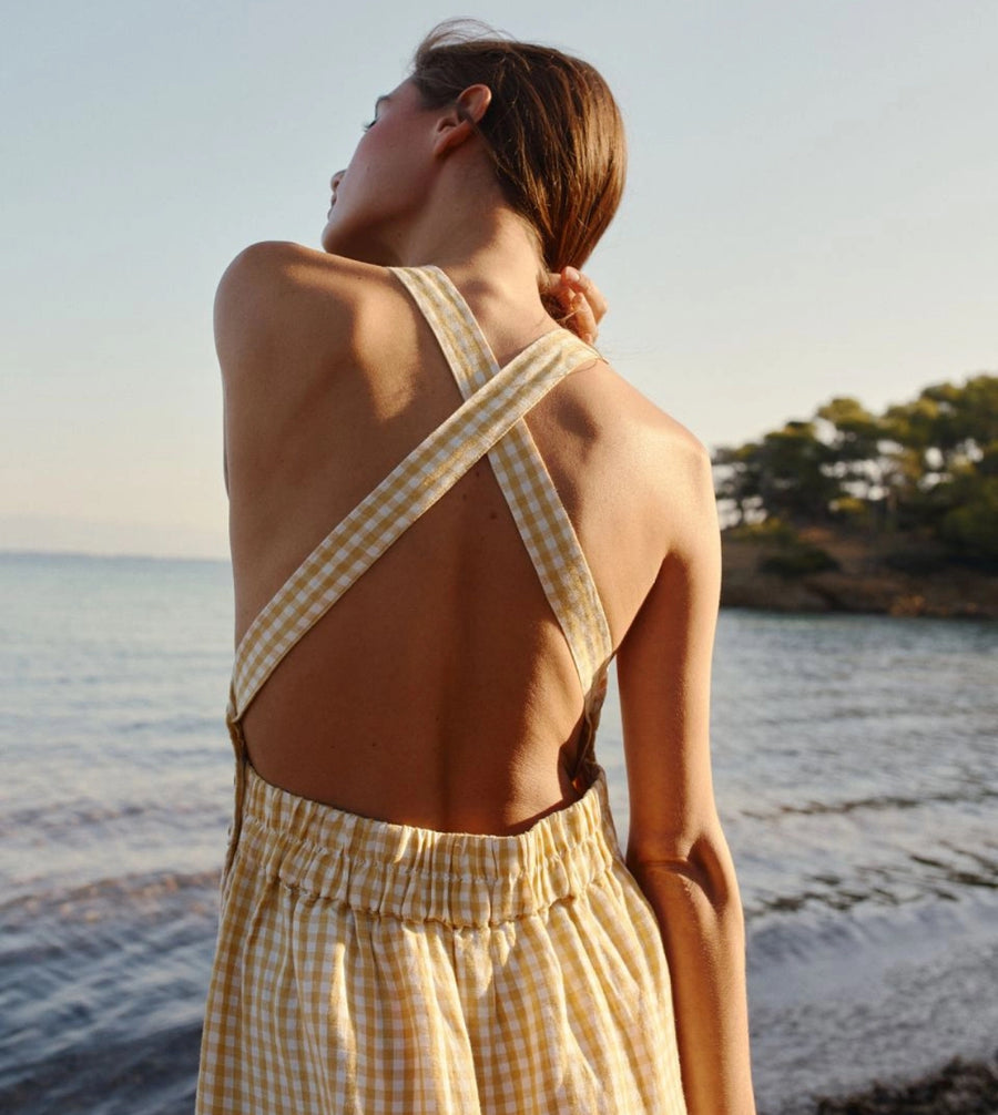 Indi & Cold Backless Sundress Yellow White Gingham Check Organic Cotton