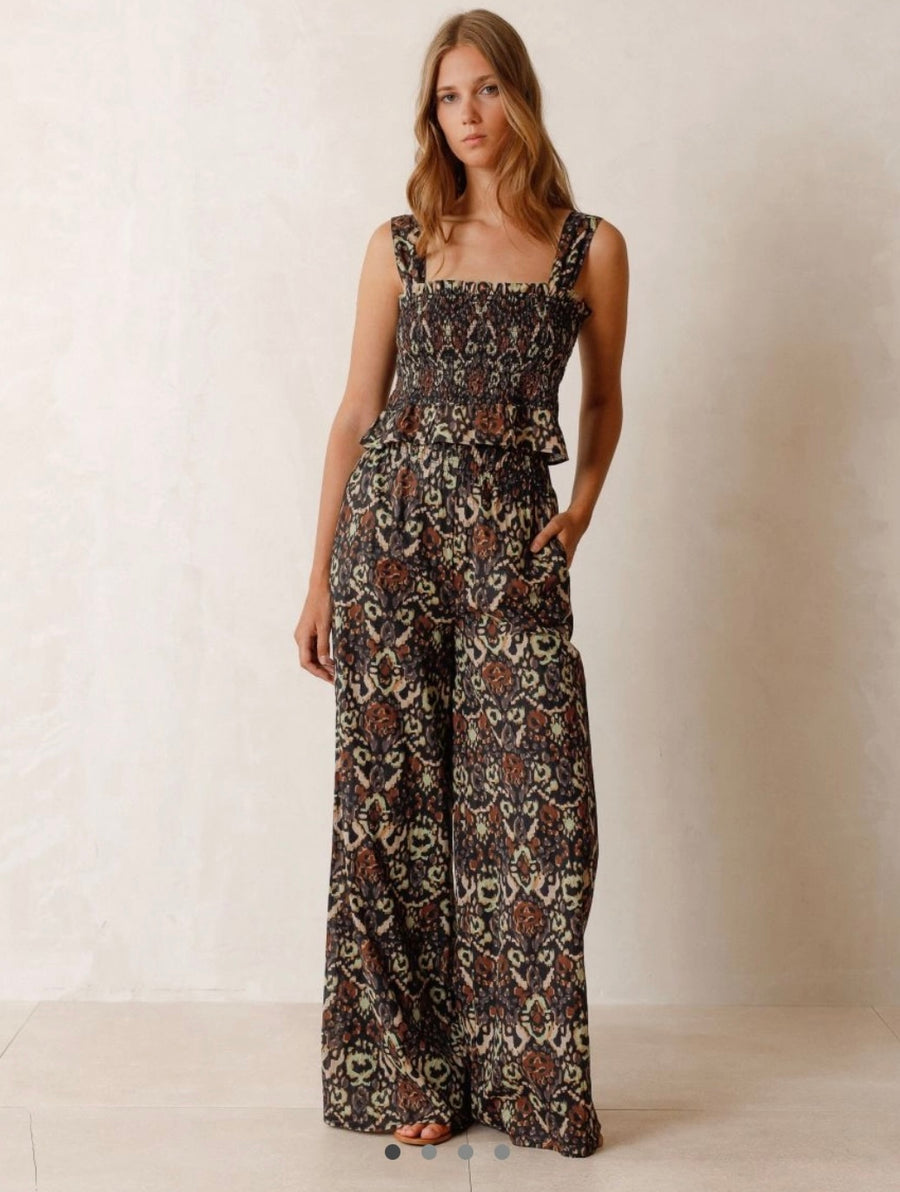 Indi & Cold Wide Leg Trousers Green Brown Graphic Print