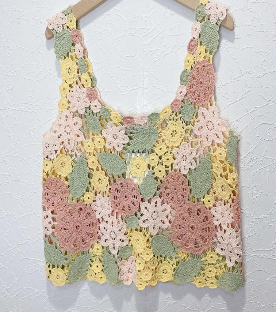 Kilky Crochet Floral Top Blouse Vest Pink Yellow Green Cotton One Size