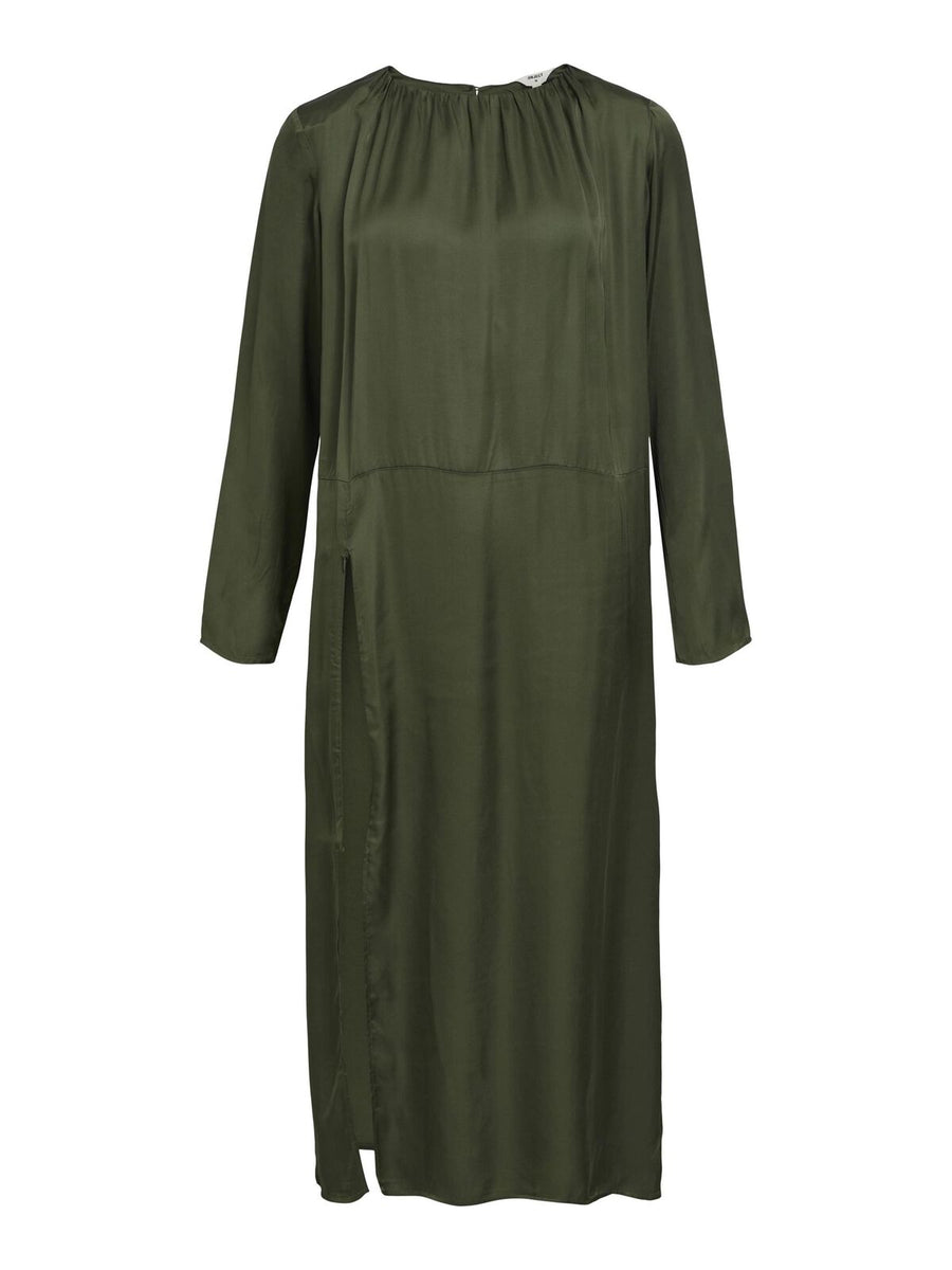 Object Boen Long Sleeve Midi Dress Dark Green Satin Zip Detail