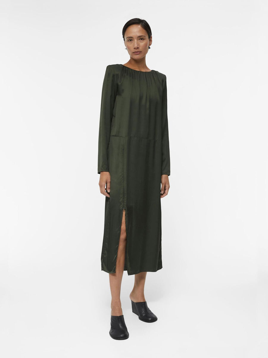 Object Boen Long Sleeve Midi Dress Dark Green Satin Zip Detail