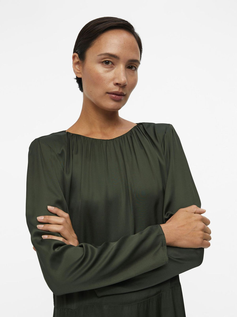 Object Boen Long Sleeve Midi Dress Dark Green Satin Zip Detail