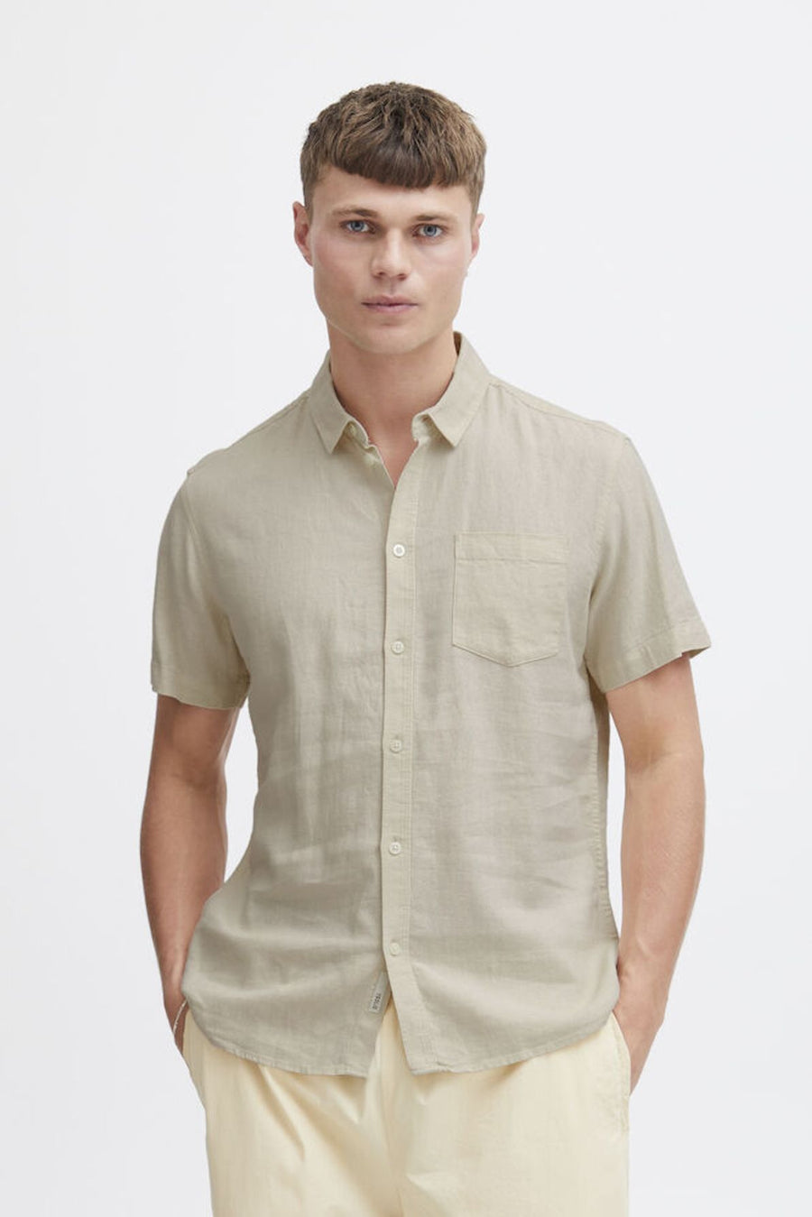 Solid Allan Short Sleeve Linen Blend Shirt Oatmeal