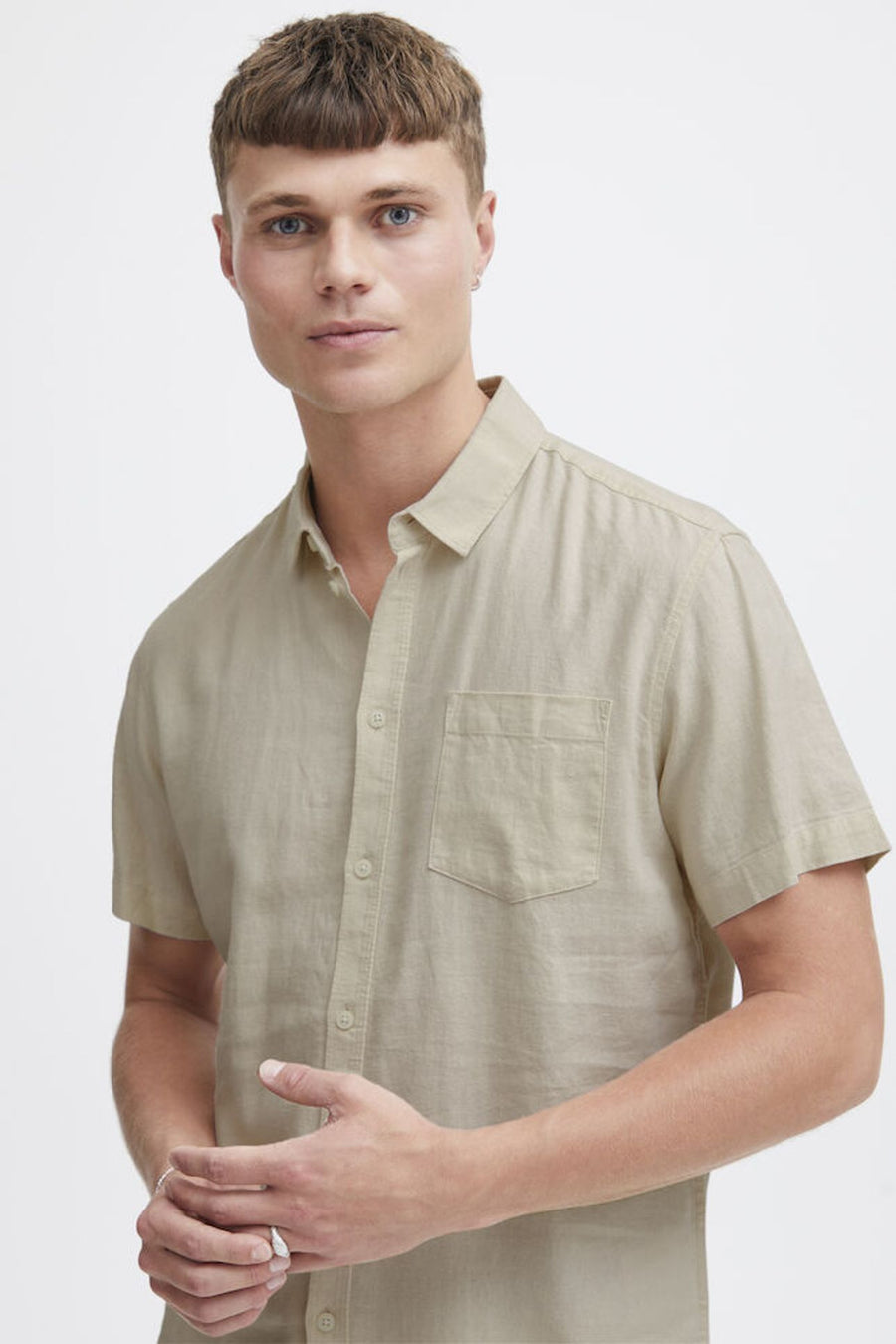 Solid Allan Short Sleeve Linen Blend Shirt Oatmeal
