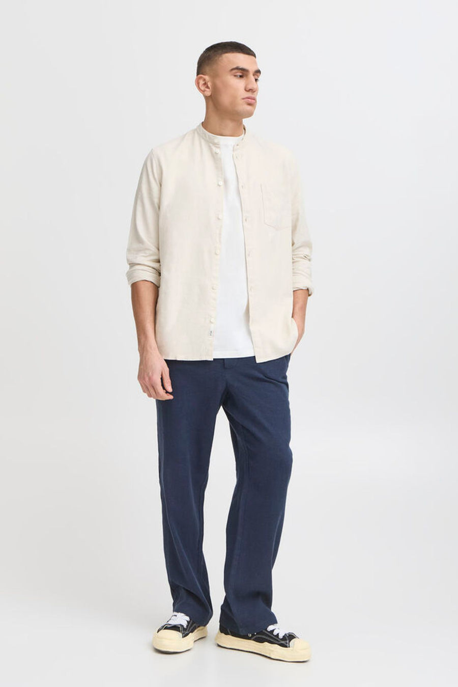 Solid Alann Allan Elasticated Waist Linen Trousers Navy