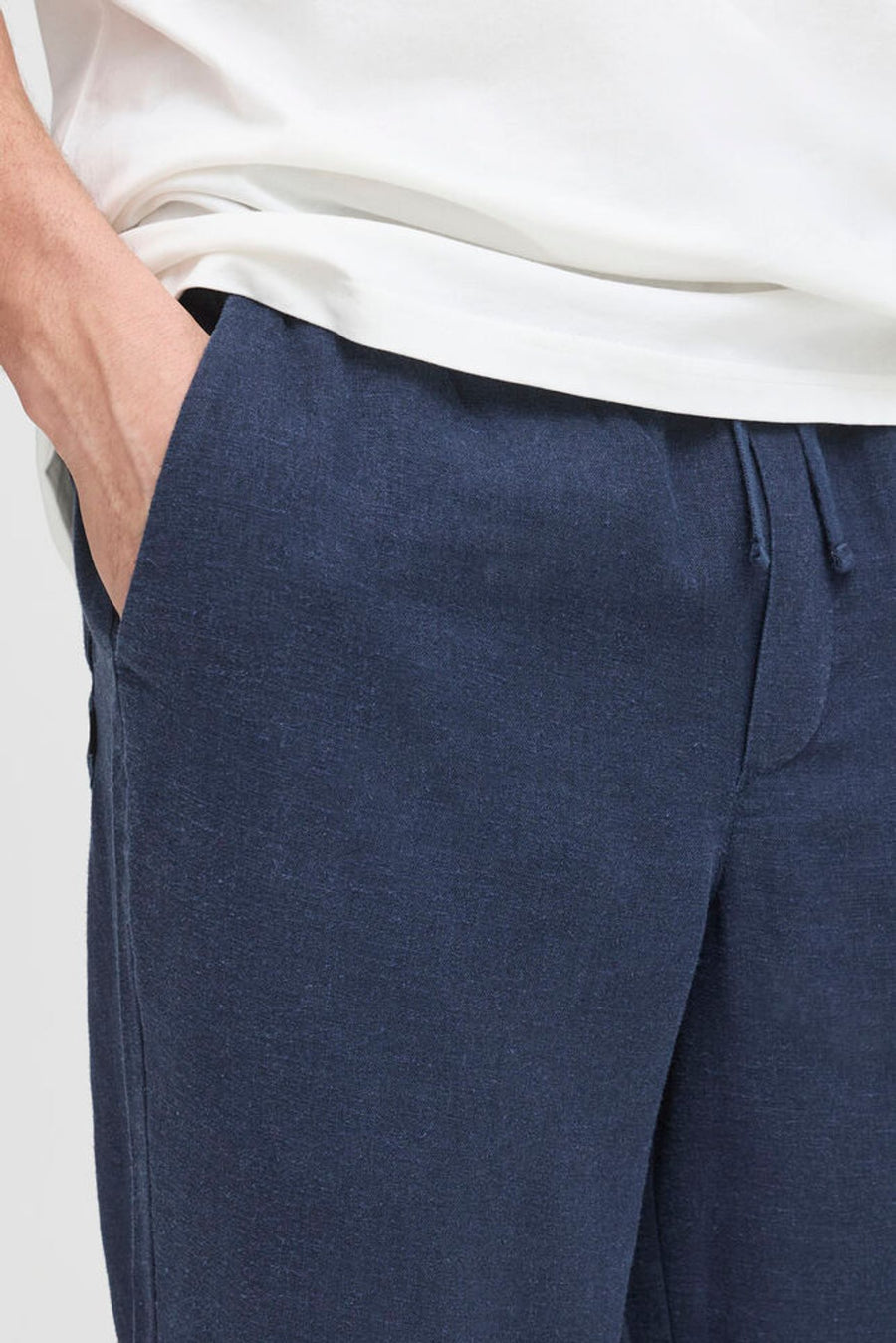 Solid Alann Allan Elasticated Waist Linen Trousers Navy