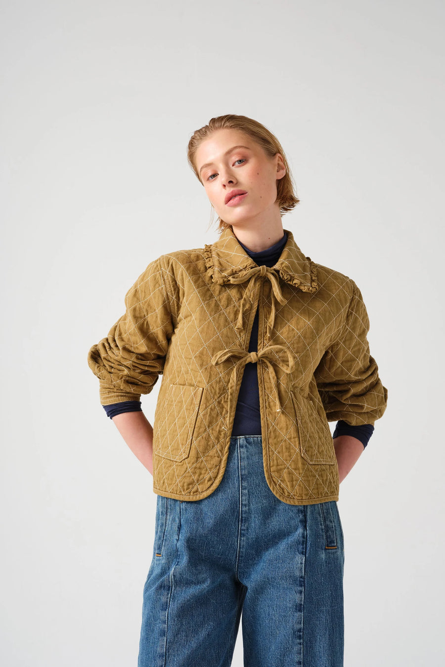 Seventy and Mochi Heidi Quilted Bow Tie Denim Jacket in Olive