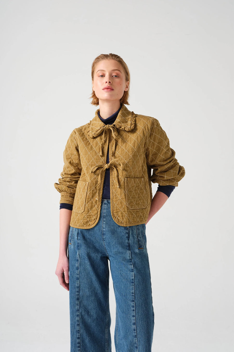 Seventy and Mochi Heidi Quilted Bow Tie Denim Jacket in Olive