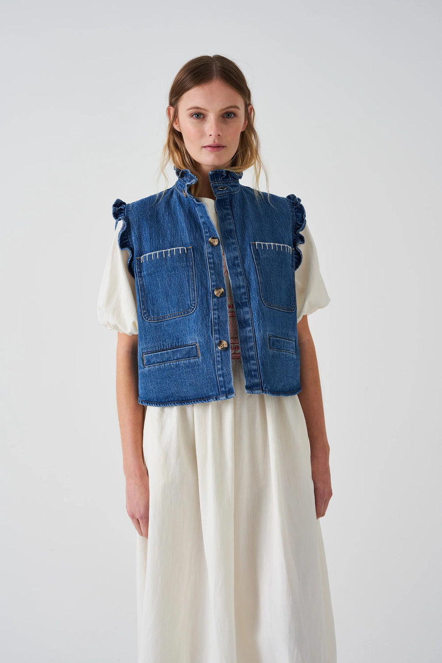 Seventy and Mochi Pablo Denim Waistcoat in Vintage Americana