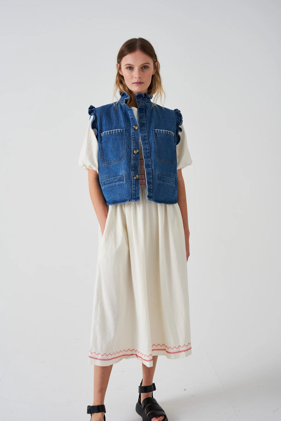 Seventy and Mochi Pablo Denim Waistcoat in Vintage Americana