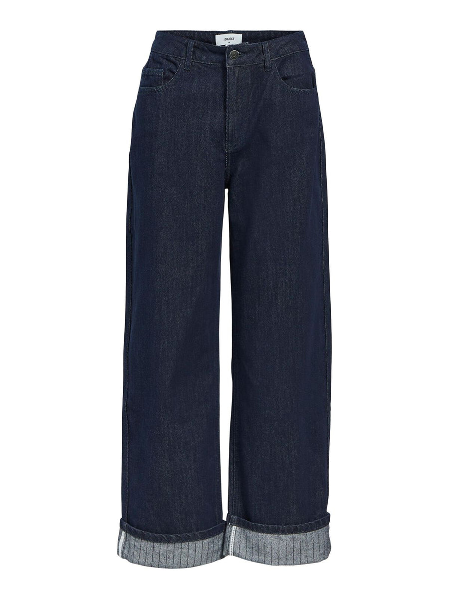 Object Sava Crystal MW Wide Ankle Jeans in Dark Blue Denim