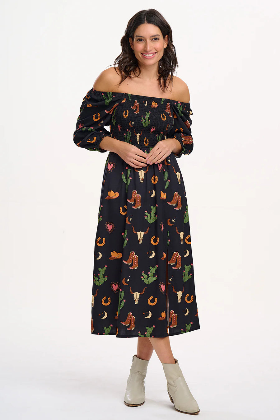 Sugarhill Brighton Zinnia Shirred Midi Dress Cowgirl Print Black