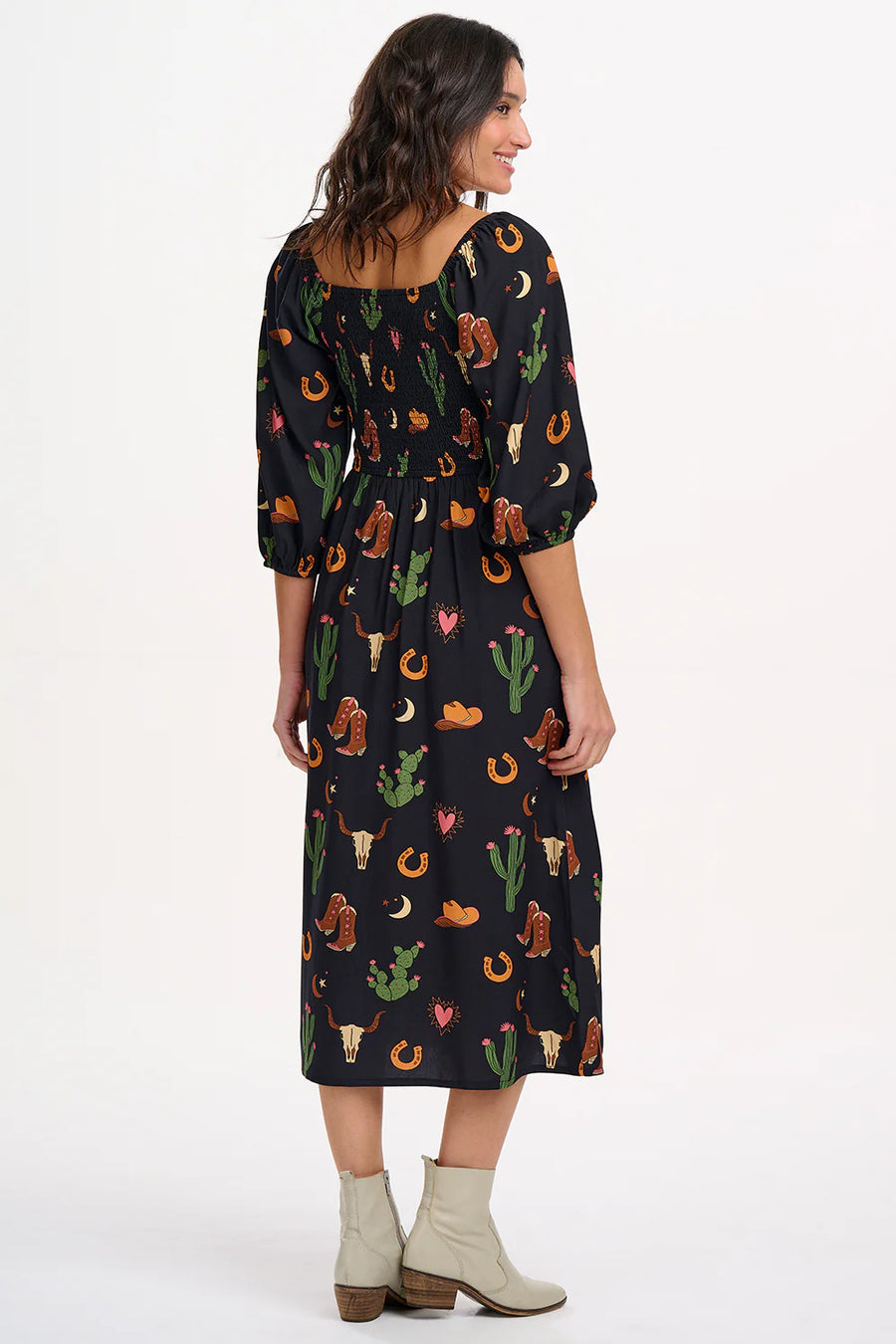 Sugarhill Brighton Zinnia Shirred Midi Dress Cowgirl Print Black