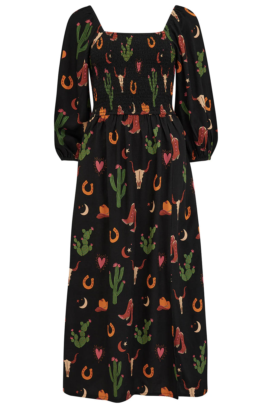 Sugarhill Brighton Zinnia Shirred Midi Dress Cowgirl Print Black