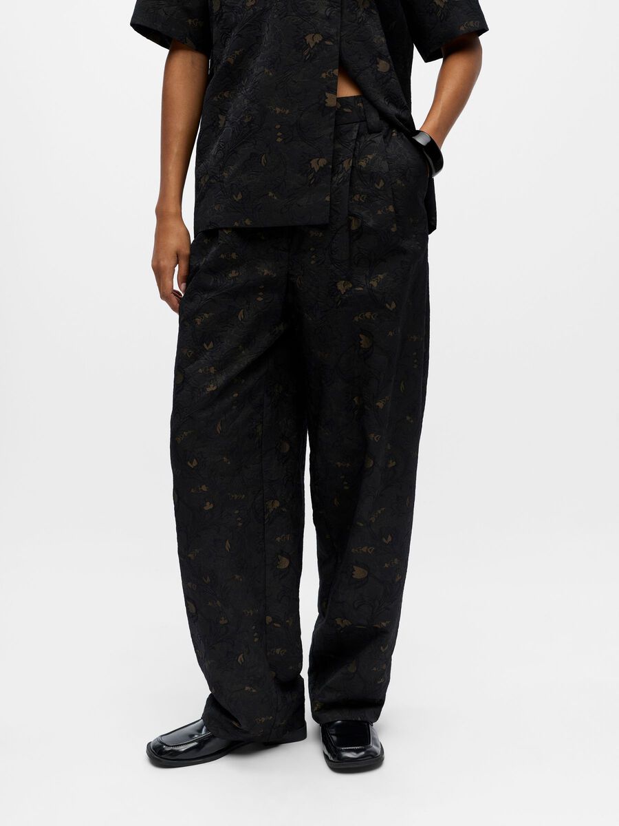 Object Lovia Jacquard Wide-Leg Trousers Black/Seal Brown