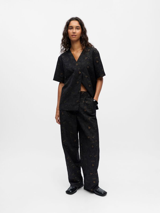 Object Lovia Jacquard Wide-Leg Trousers Black/Seal Brown