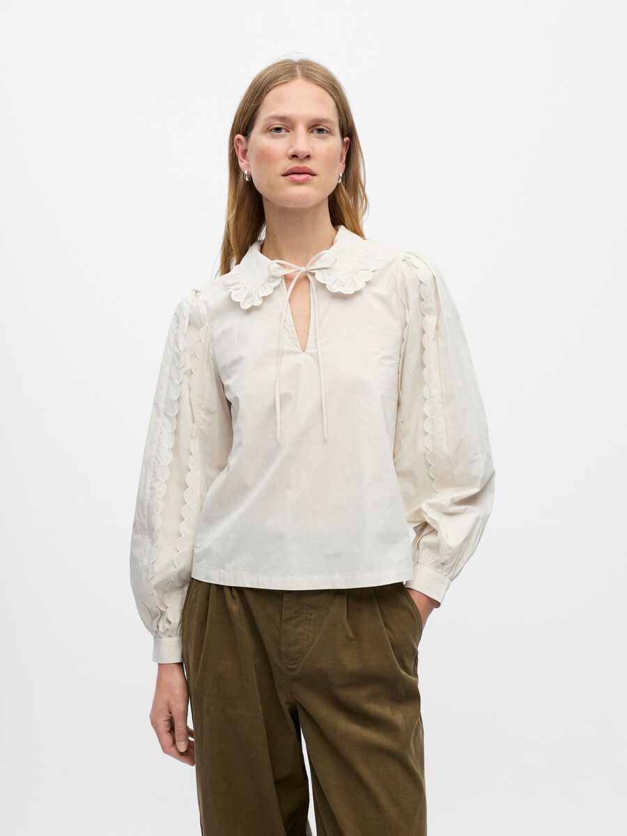 Object Hope Ira Long Sleeve V Neck Top Blouse White Sand