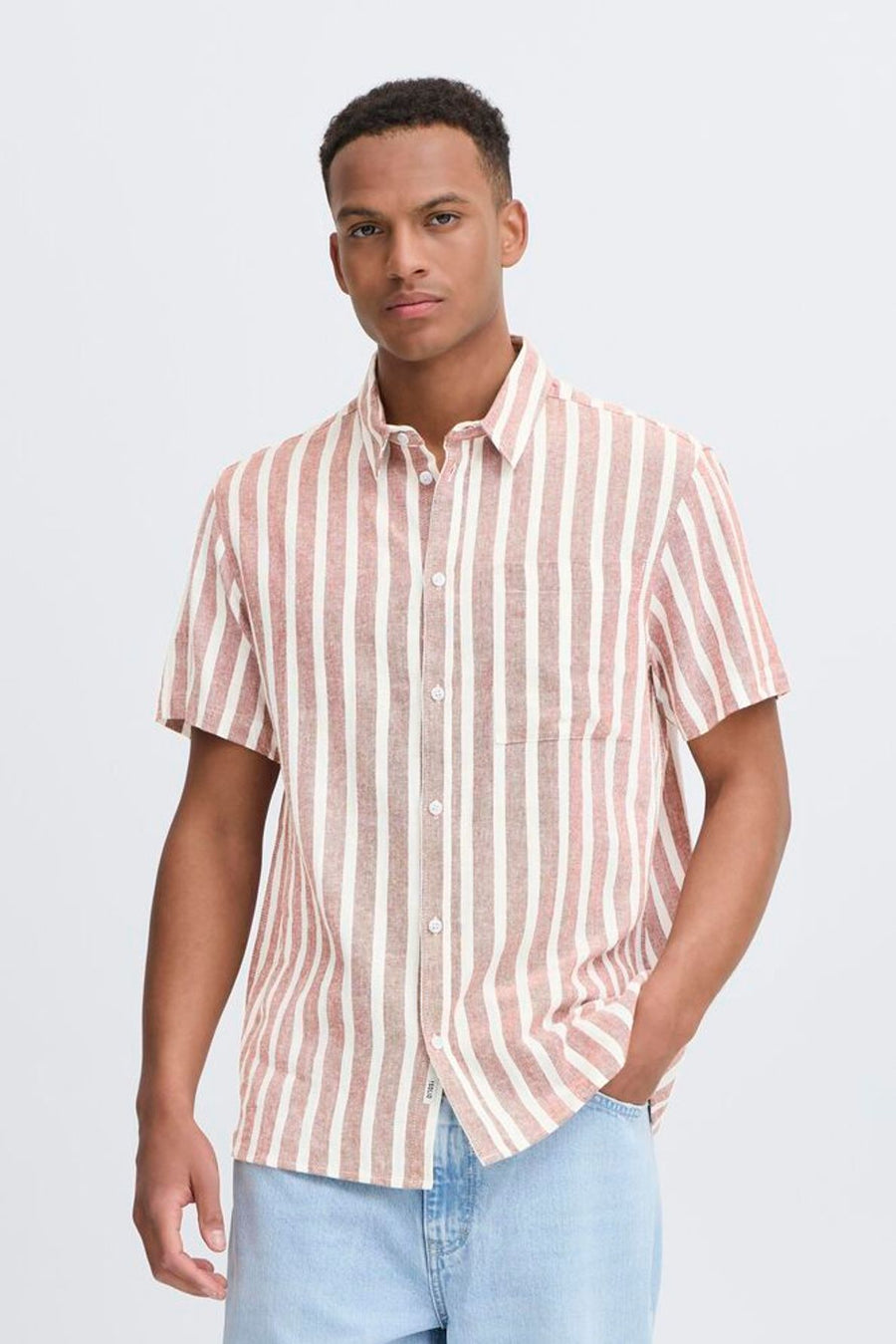Solid Fried Linen Blend Shirt Pink White Stripe