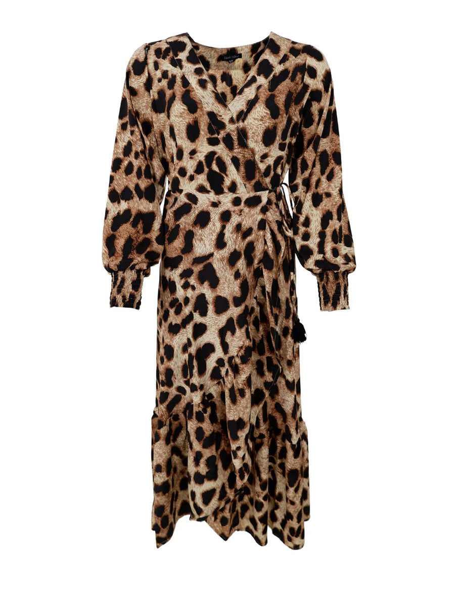 Black Colour Luna Wrap Midi Dress Leopard Print